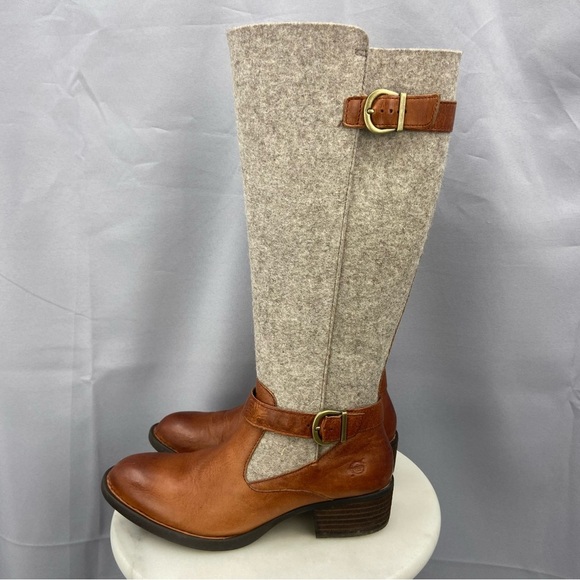 Born Oswego Boots Cognac Leather and Gray Wool Felt Tall Boots Womens Size 6.5 - Picture 1 of 10
